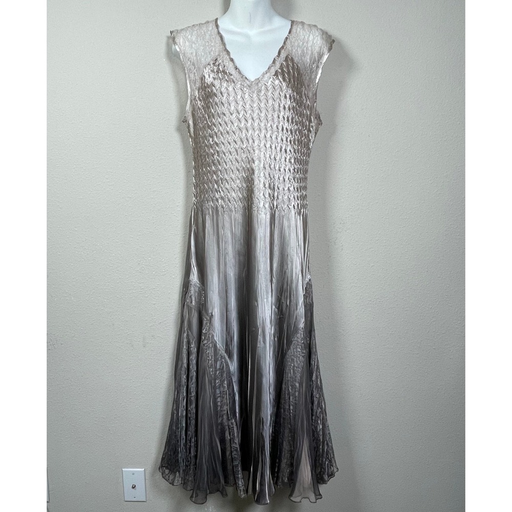 Komarov Pleated Ombre Dress L Wedding Champagne Silver Lace Handkerchief Hem